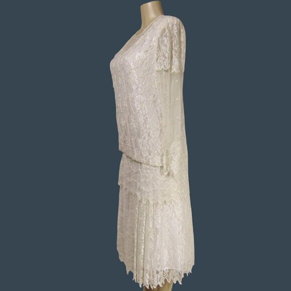 VTG SCALA M Lace Beaded Romantic Wedding Flapper Drop Waist Midi Maxi Dress - Picture 7 of 15